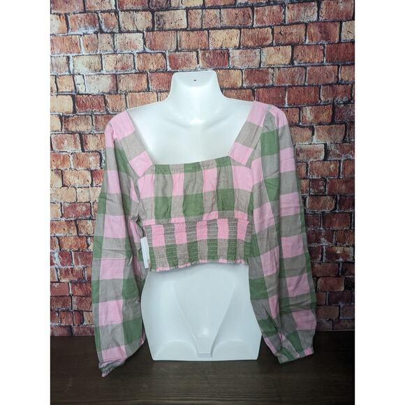 NWT BP Pink & Green Buffalo Check Long Sleeve Crop Top - Picture 4 of 5